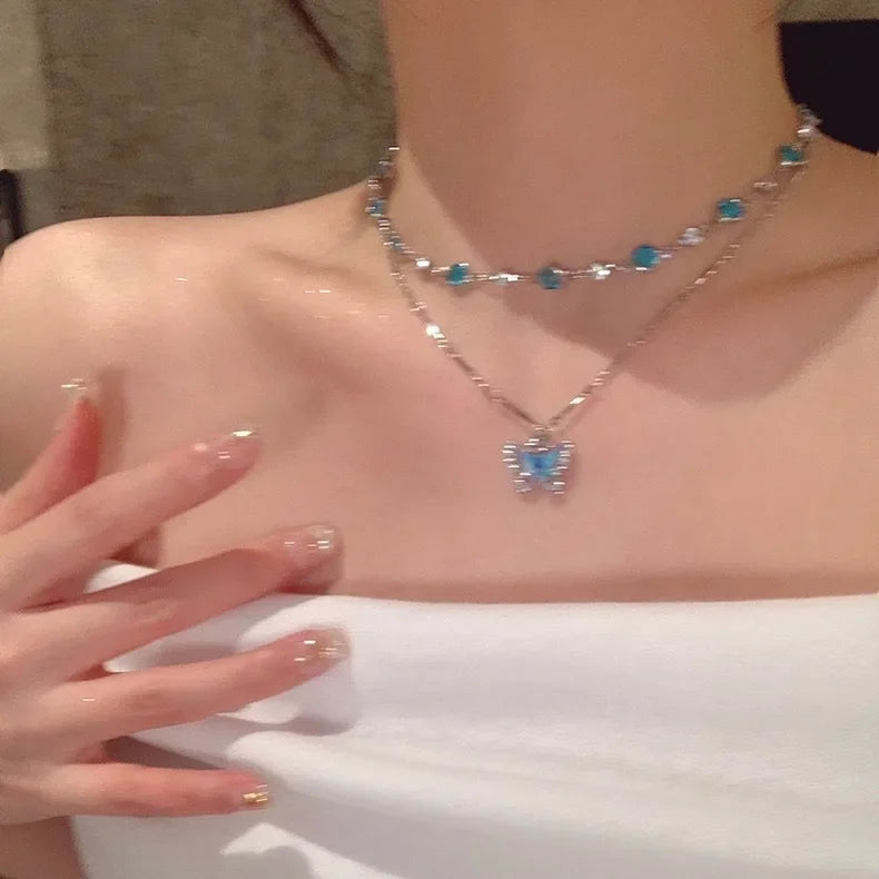 Romantic Blue Crystal Butterfly Necklace for Women Girls Simple Shiny Zircon Bilayer Choker Clavicle Chain Fine Jewelry