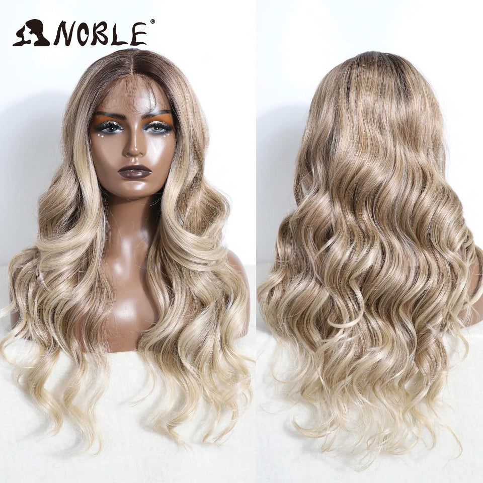 Noble Lace Front Wig Synthetic 28“ Highlight Honey Brown Body Wave Wig Blonde Wigs For Women Lace Wig Synthetic Lace Front Wig