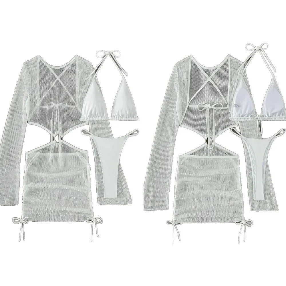 2025 New Cross-Border Tie-Dye Bikini Three-Piece Set Women's Net Sunshade Cover up Beach Skirt Suit Sportswear And Bag Accessori