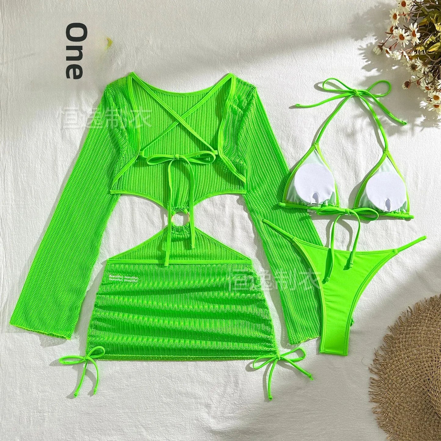 2025 New Cross-Border Tie-Dye Bikini Three-Piece Set Women's Net Sunshade Cover up Beach Skirt Suit Sportswear And Bag Accessori