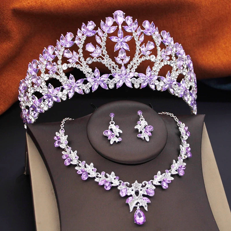 Ensembles de bijoux de mariée pour femmes, diadèmes de mariage de la reine royale, 3 pièces, collier, boucles d'oreilles et couronne, ensembles de mariée, accessoires de costume