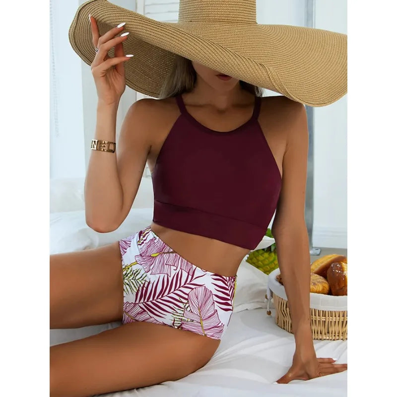 Aoaiiys Plant Printed Bikini Set Women Swimsuit High Waisted Two-Piece Backless Female Swimwear Bathing Summer Fashion Beachwear