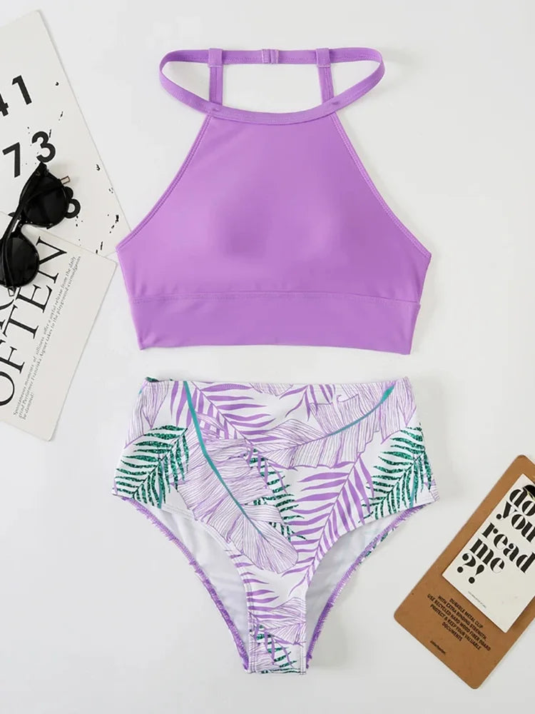 Aoaiiys Plant Printed Bikini Set Women Swimsuit High Waisted Two-Piece Backless Female Swimwear Bathing Summer Fashion Beachwear