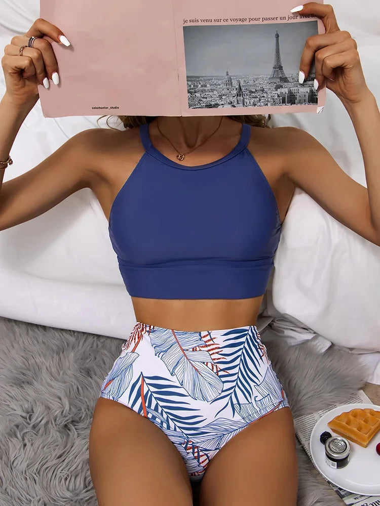 Aoaiiys Plant Printed Bikini Set Women Swimsuit High Waisted Two-Piece Backless Female Swimwear Bathing Summer Fashion Beachwear