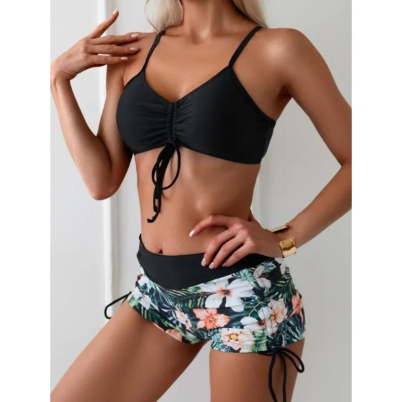 Two Piece Women Swimsuit Bathing Suits Floral Tropical High Waist Beachwear Board Shorts Halter Tops Bikinis Set
