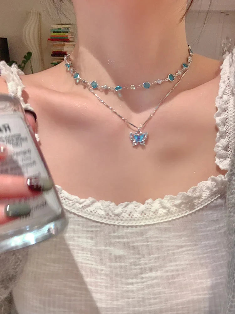 Romantic Blue Crystal Butterfly Necklace for Women Girls Simple Shiny Zircon Bilayer Choker Clavicle Chain Fine Jewelry