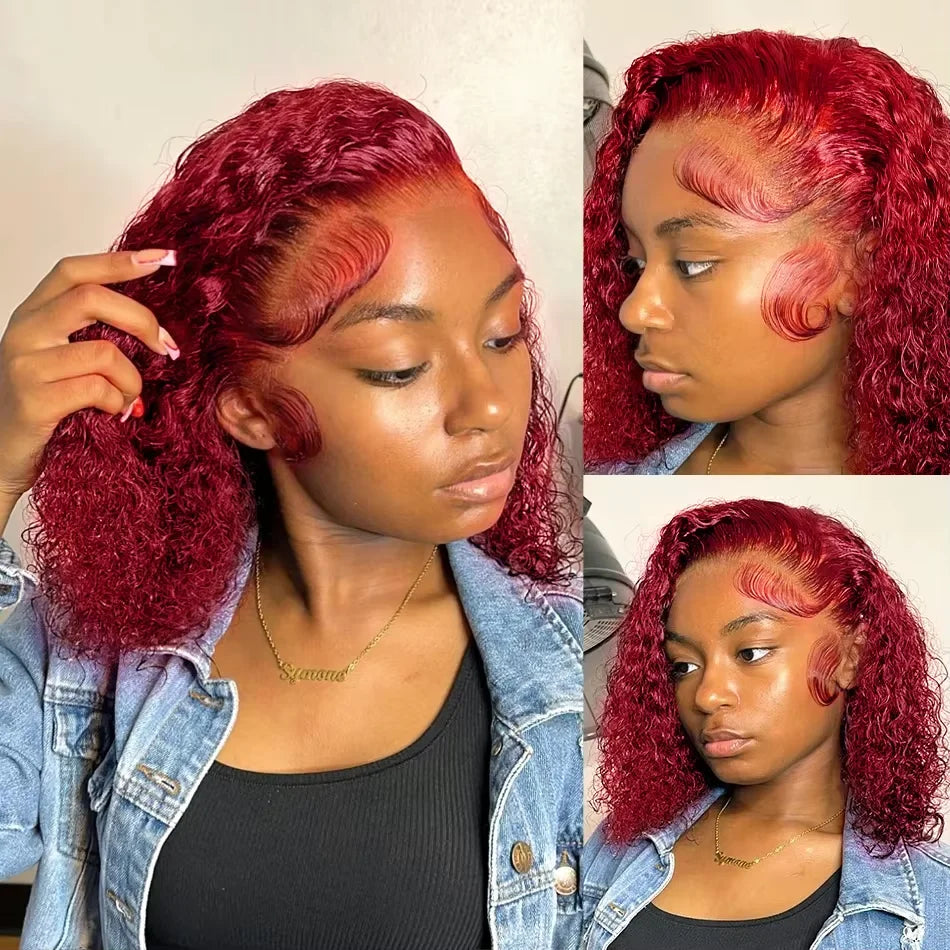 200% Density 99J Burgundy Short Deep Water Wave 13x4 Lace burgundy HD lace deep wave short bob wigs human hair wigs 14 inches