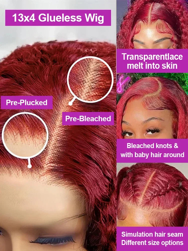 Red Colored 13x6 Deep Wave 250 Density 99J Burgundy Human Hair Lace Frontal Wigs 30 40 Inch Curly Wig Brazilian For Women