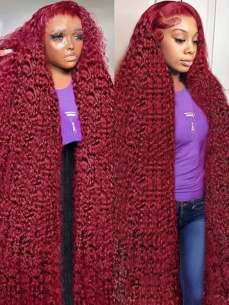 Red Colored 13x6 Deep Wave 250 Density 99J Burgundy Human Hair Lace Frontal Wigs 30 40 Inch Curly Wig Brazilian For Women