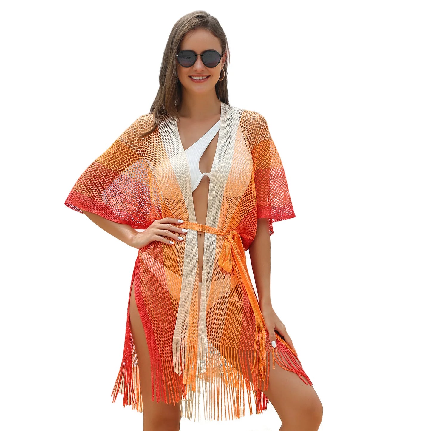 Beach cover-up Amazon sun protection fringe slit openwork holiday beach dress gradient waistband bikini cover-up
