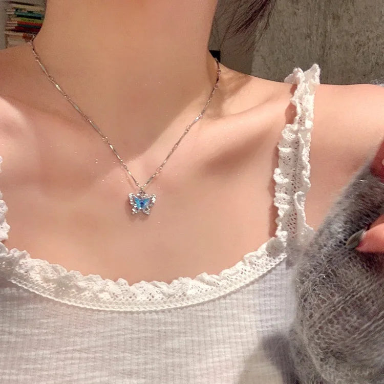Romantic Blue Crystal Butterfly Necklace for Women Girls Simple Shiny Zircon Bilayer Choker Clavicle Chain Fine Jewelry