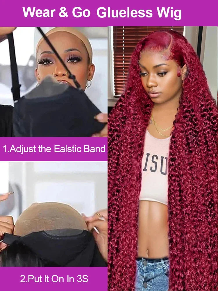 Red Colored 13x6 Deep Wave 250 Density 99J Burgundy Human Hair Lace Frontal Wigs 30 40 Inch Curly Wig Brazilian For Women