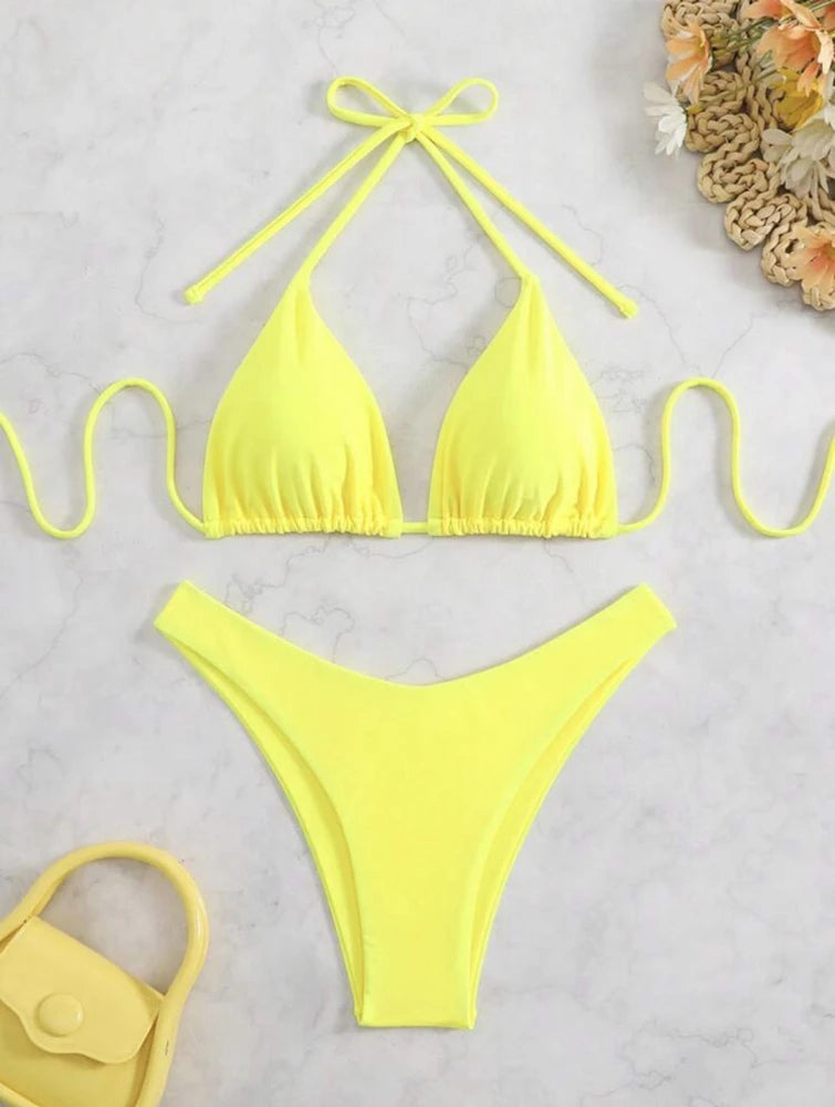 2025 Women White Bikini Chest Padded New Sexy Halter Bikini Two-Piece Set With Drawstring Straps Solid Brazilian Bathing Suit