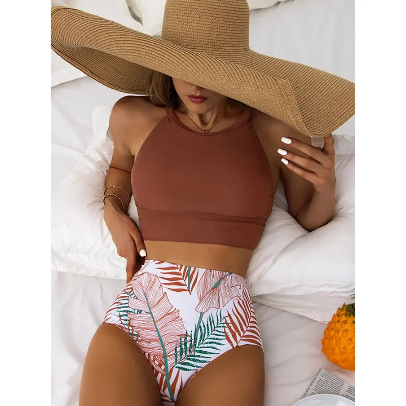 Aoaiiys Plant Printed Bikini Set Women Swimsuit High Waisted Two-Piece Backless Female Swimwear Bathing Summer Fashion Beachwear