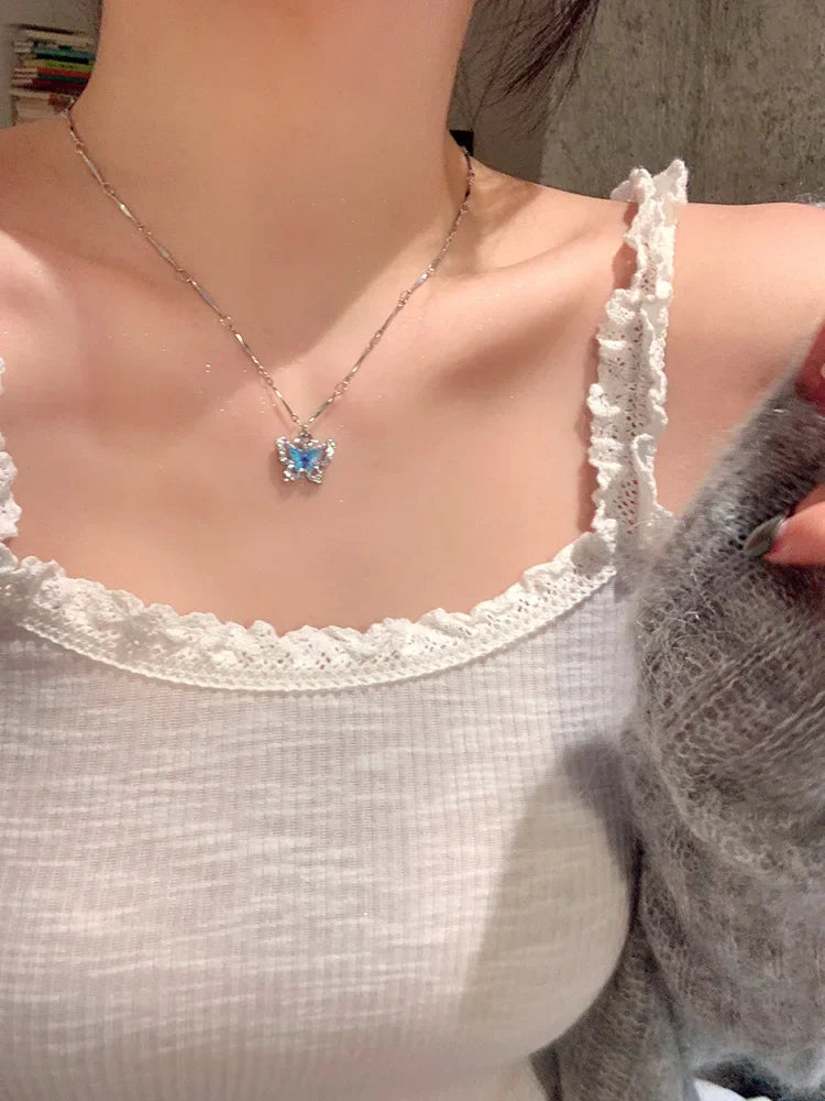 Romantic Blue Crystal Butterfly Necklace for Women Girls Simple Shiny Zircon Bilayer Choker Clavicle Chain Fine Jewelry