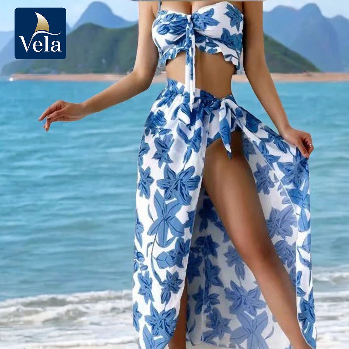 Vela Blue Brazilian Vikinis 2025 3 Piece Bikini Set Women High Waist Push Up & Padded Bra Printed Swimsuit with Skirt