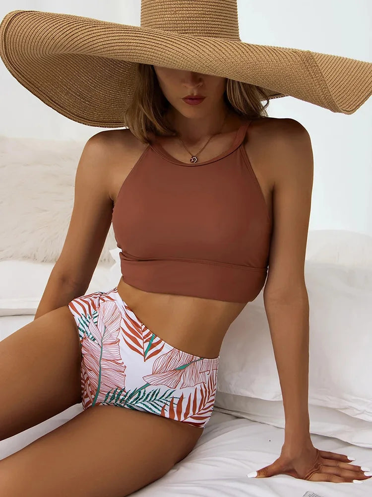 Aoaiiys Plant Printed Bikini Set Women Swimsuit High Waisted Two-Piece Backless Female Swimwear Bathing Summer Fashion Beachwear