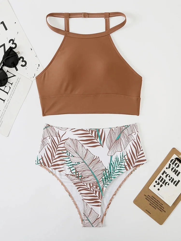 Aoaiiys Plant Printed Bikini Set Women Swimsuit High Waisted Two-Piece Backless Female Swimwear Bathing Summer Fashion Beachwear