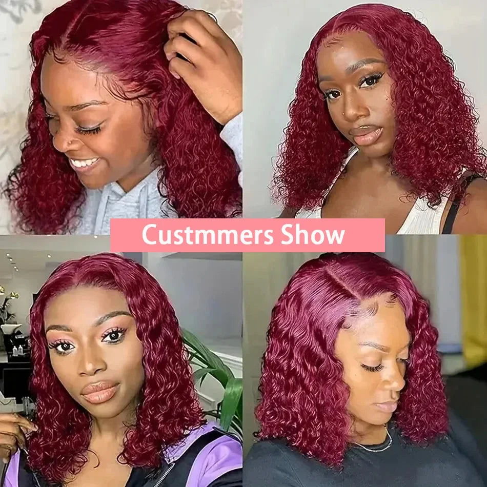 200% Density 99J Burgundy Short Deep Water Wave 13x4 Lace burgundy HD lace deep wave short bob wigs human hair wigs 14 inches