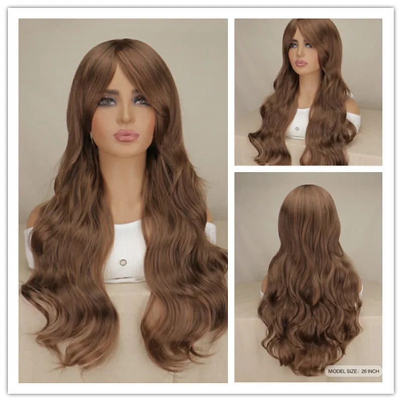 Women Long Wavy Cosplay Wig Red Rose Pink Black Blue Sliver Gray Brown Temperature Synthetic Hair Wigs