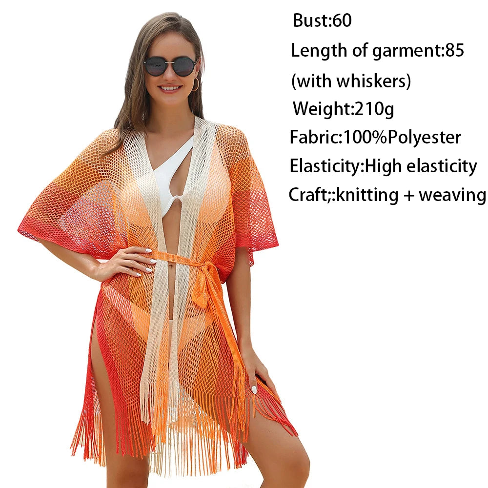 Beach cover-up Amazon sun protection fringe slit openwork holiday beach dress gradient waistband bikini cover-up
