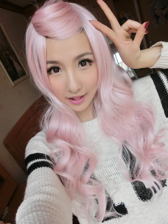 Women Long Wavy Cosplay Wig Red Rose Pink Black Blue Sliver Gray Brown Temperature Synthetic Hair Wigs