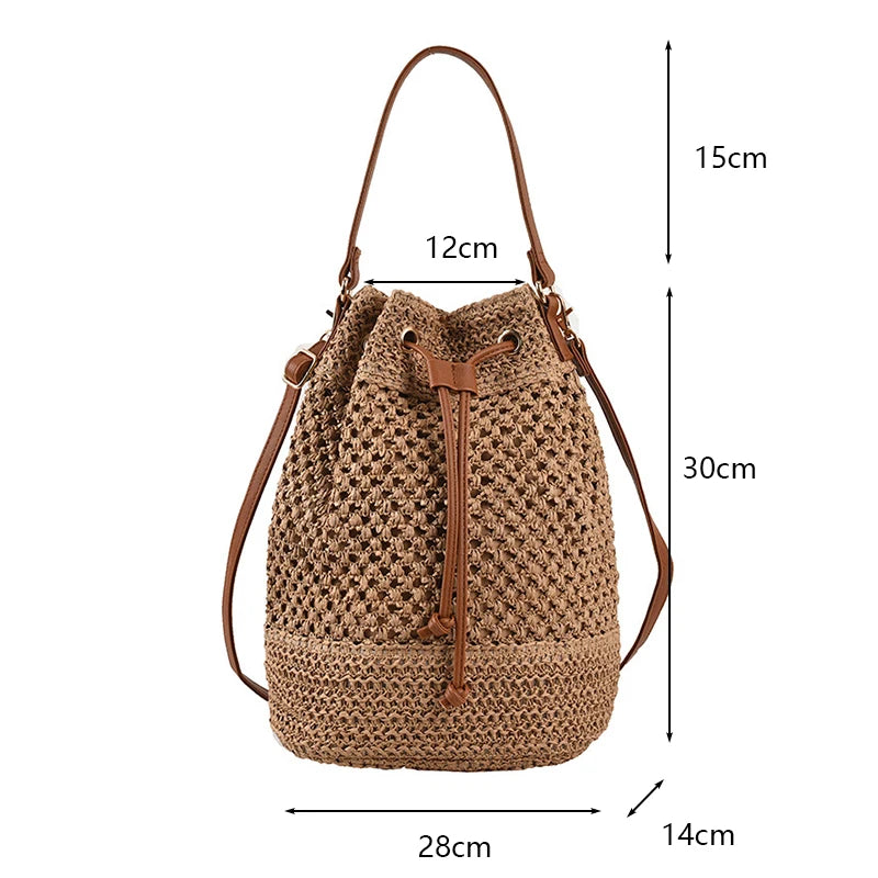 Sac seau en paille tressée pour femme, sac à bandoulière, sac de plage d'été, sac de voyage rétro, petit sac à main et sac à main pour femme