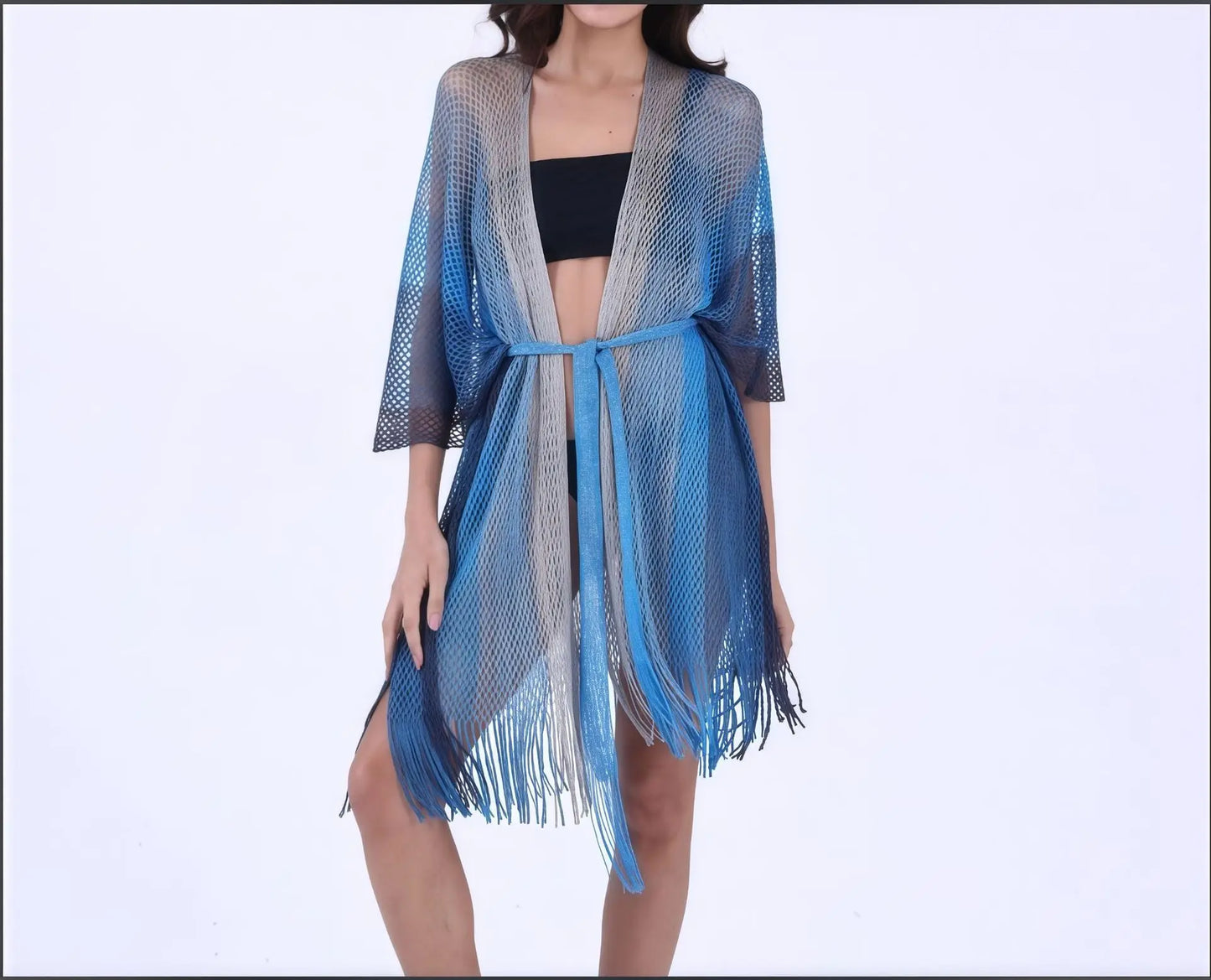 Beach cover-up Amazon sun protection fringe slit openwork holiday beach dress gradient waistband bikini cover-up
