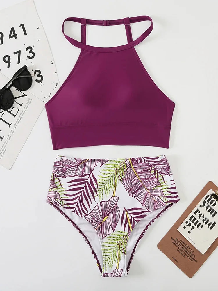 Aoaiiys Plant Printed Bikini Set Women Swimsuit High Waisted Two-Piece Backless Female Swimwear Bathing Summer Fashion Beachwear