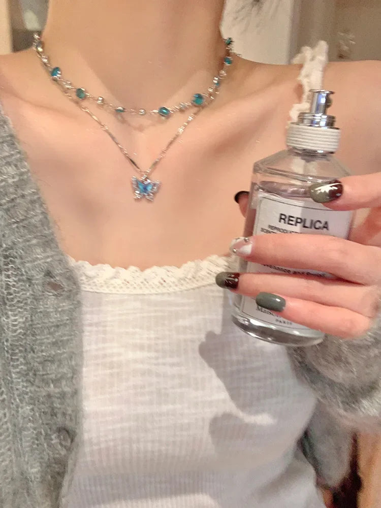 Romantic Blue Crystal Butterfly Necklace for Women Girls Simple Shiny Zircon Bilayer Choker Clavicle Chain Fine Jewelry