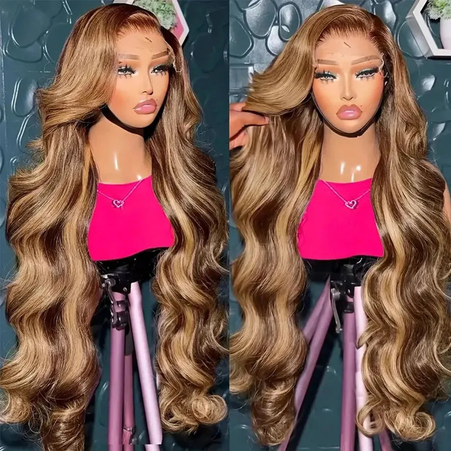 Perruque Body Wave naturelle à reflets ombrés, 30 à 32 pouces, perruques colorées 13x4 et 13x6 HD pour femmes noires