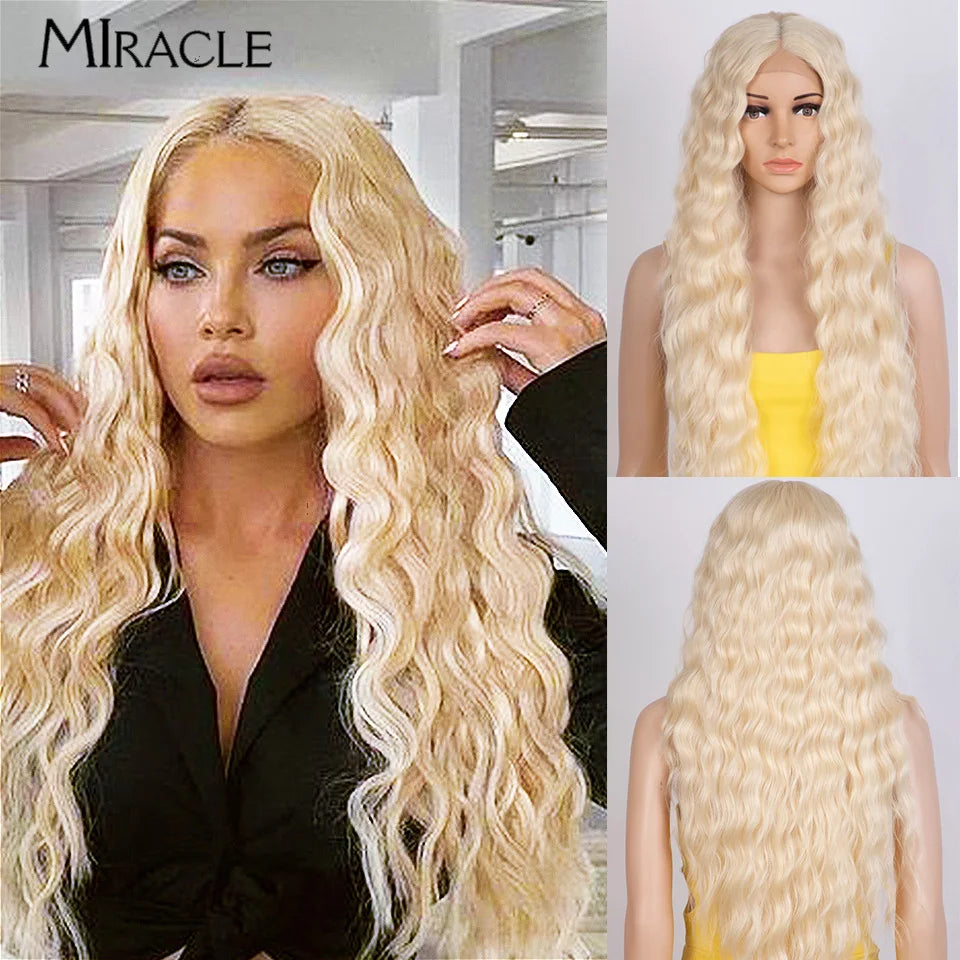 MIRACLE Synthetic Lace Front Wig 30'' Water Wave Lace Frontal Wig for Women Red Blonde Cosplay Lace Wig Female Fake Hair