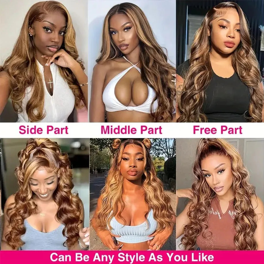 Perruque Body Wave naturelle à reflets ombrés, 30 à 32 pouces, perruques colorées 13x4 et 13x6 HD pour femmes noires