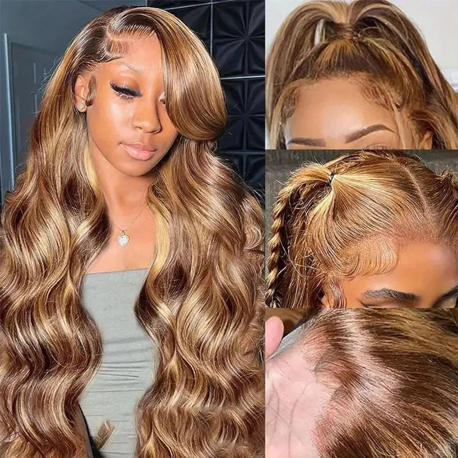Perruque Body Wave naturelle à reflets ombrés, 30 à 32 pouces, perruques colorées 13x4 et 13x6 HD pour femmes noires