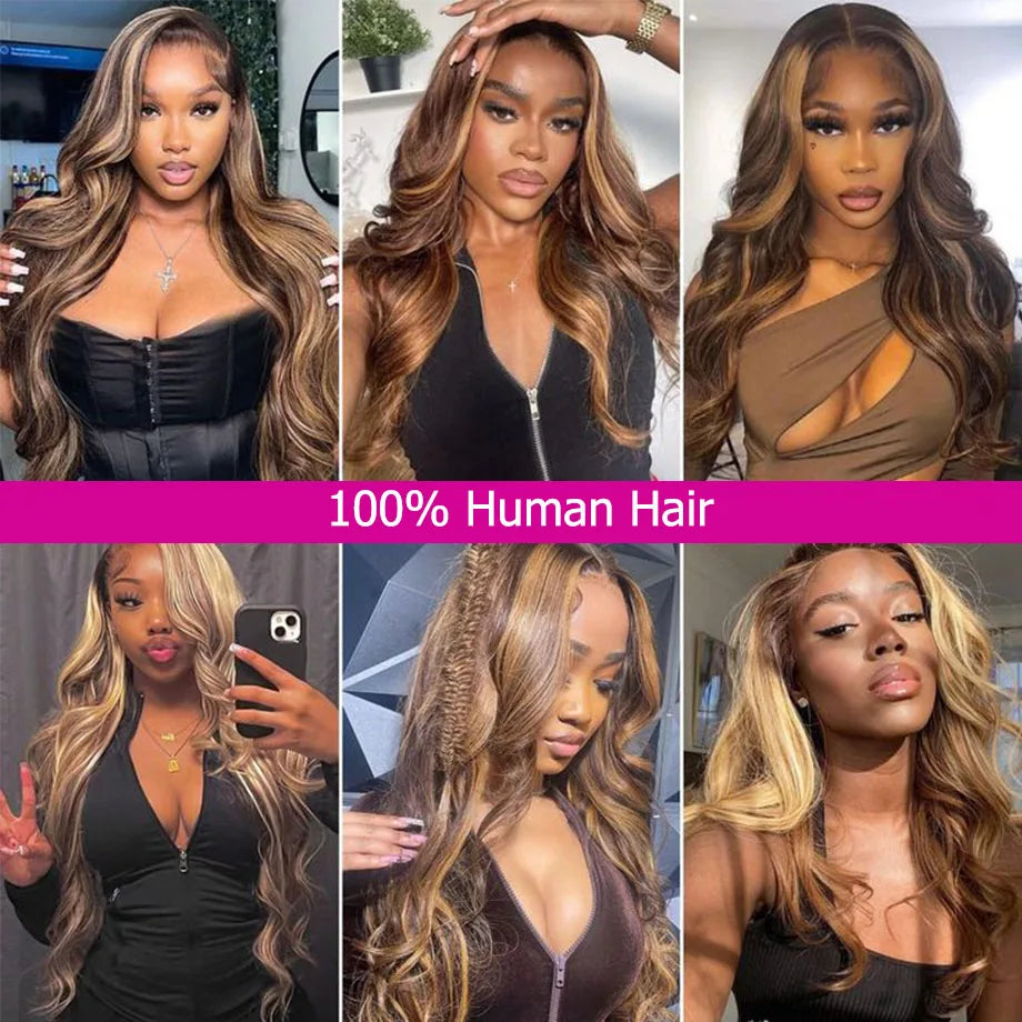Perruque Body Wave naturelle à reflets ombrés, 30 à 32 pouces, perruques colorées 13x4 et 13x6 HD pour femmes noires