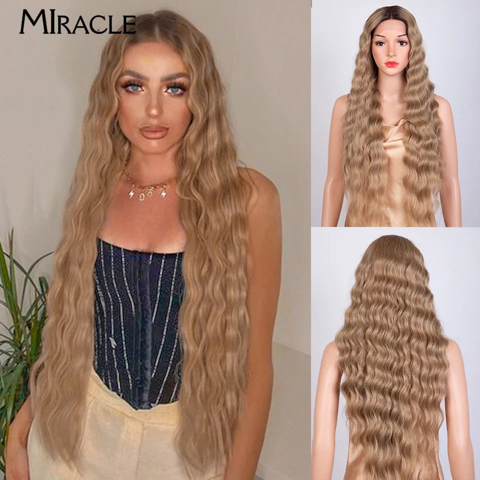 MIRACLE Synthetic Lace Front Wig 30'' Water Wave Lace Frontal Wig for Women Red Blonde Cosplay Lace Wig Female Fake Hair