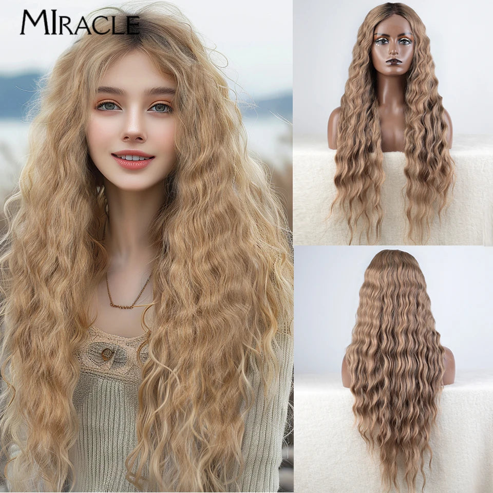MIRACLE Synthetic Lace Front Wig 30'' Water Wave Lace Frontal Wig for Women Red Blonde Cosplay Lace Wig Female Fake Hair