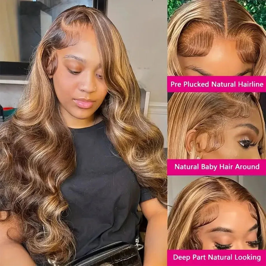 Perruque Body Wave naturelle à reflets ombrés, 30 à 32 pouces, perruques colorées 13x4 et 13x6 HD pour femmes noires