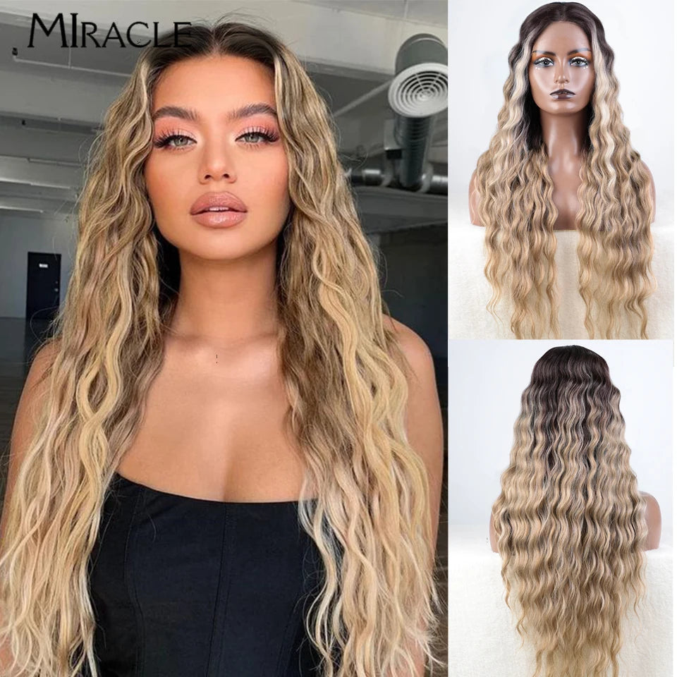 MIRACLE Synthetic Lace Front Wig 30'' Water Wave Lace Frontal Wig for Women Red Blonde Cosplay Lace Wig Female Fake Hair