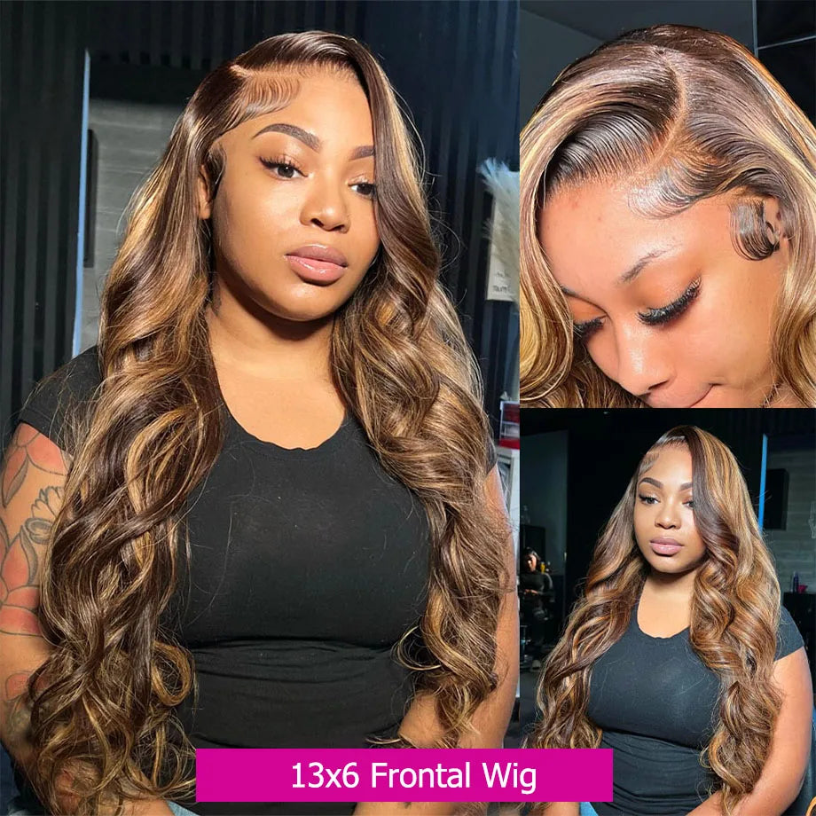Perruque Body Wave naturelle à reflets ombrés, 30 à 32 pouces, perruques colorées 13x4 et 13x6 HD pour femmes noires