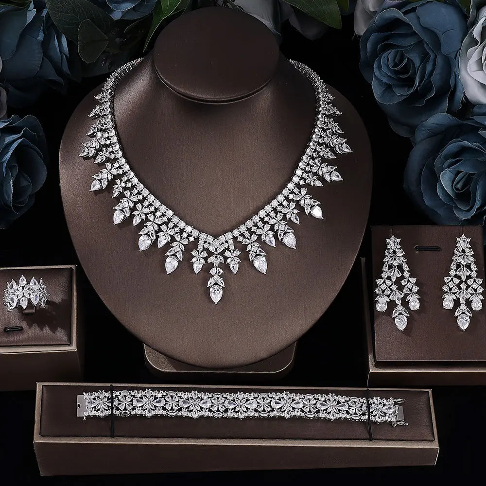 Ensemble complet de bijoux de mariée 4 pièces en zircone pour femme, ensemble de luxe en cristal CZ pour mariage à Dubaï, au Nigeria