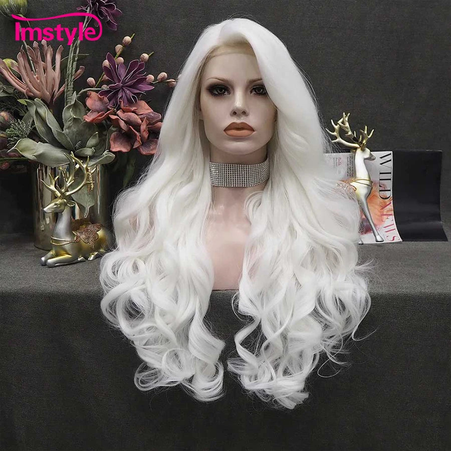 Perruque synthétique longue rouge Imstyle, perruques de cosplay ondulées naturelles pour femmes, perruques en fibre résistante à la chaleur, perruques en dentelle blanches et brunes
