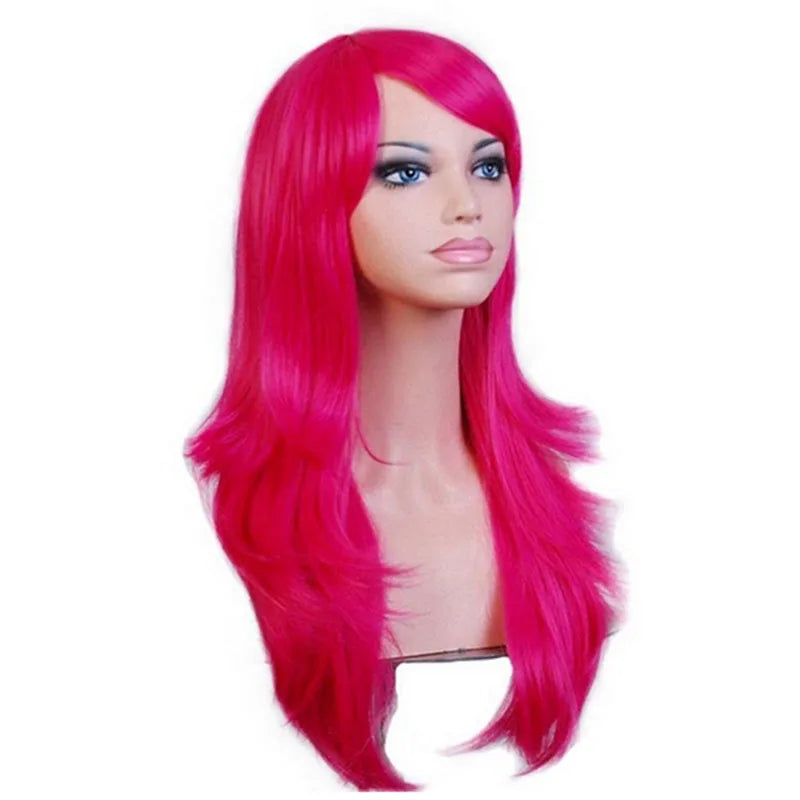 Women Long Wavy Cosplay Wig Red Rose Pink Black Blue Sliver Gray Brown Temperature Synthetic Hair Wigs
