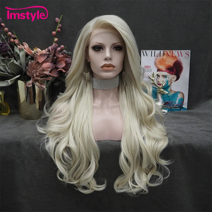 Perruque synthétique longue rouge Imstyle, perruques de cosplay ondulées naturelles pour femmes, perruques en fibre résistante à la chaleur, perruques en dentelle blanches et brunes