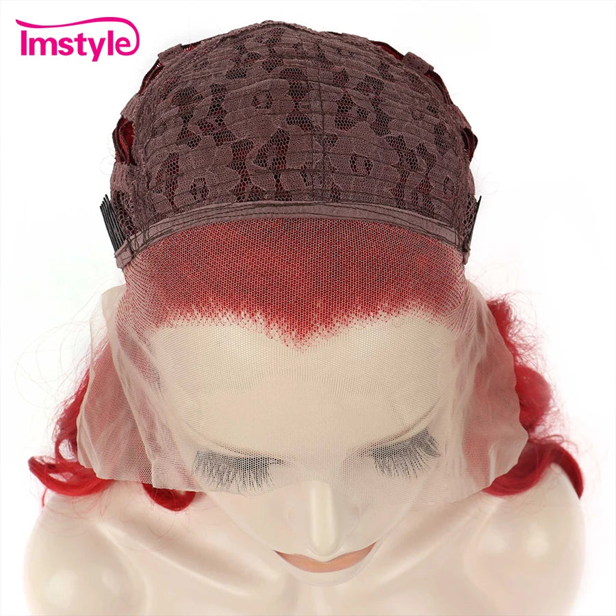 Perruque synthétique longue rouge Imstyle, perruques de cosplay ondulées naturelles pour femmes, perruques en fibre résistante à la chaleur, perruques en dentelle blanches et brunes