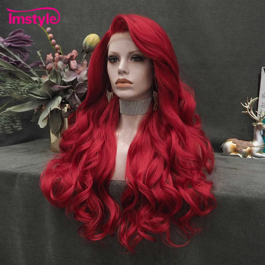 Perruque synthétique longue rouge Imstyle, perruques de cosplay ondulées naturelles pour femmes, perruques en fibre résistante à la chaleur, perruques en dentelle blanches et brunes