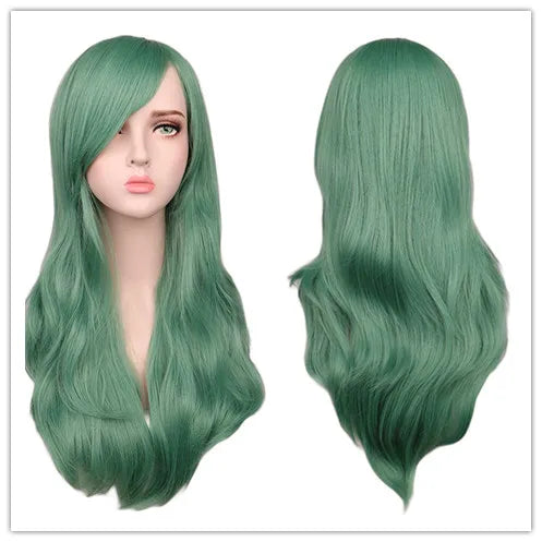 Women Long Wavy Cosplay Wig Red Rose Pink Black Blue Sliver Gray Brown Temperature Synthetic Hair Wigs