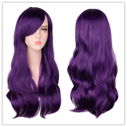 Women Long Wavy Cosplay Wig Red Rose Pink Black Blue Sliver Gray Brown Temperature Synthetic Hair Wigs