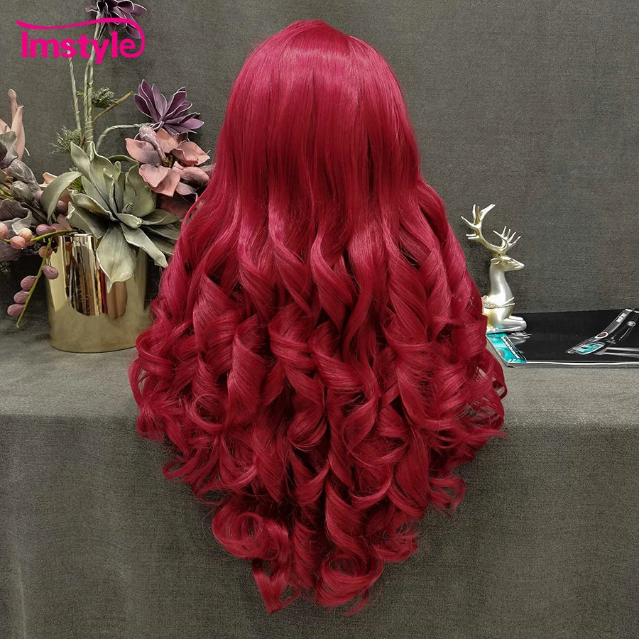 Perruque synthétique longue rouge Imstyle, perruques de cosplay ondulées naturelles pour femmes, perruques en fibre résistante à la chaleur, perruques en dentelle blanches et brunes