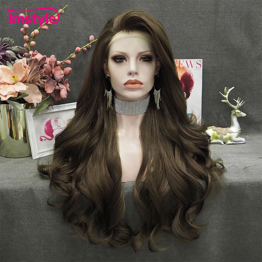 Perruque synthétique longue rouge Imstyle, perruques de cosplay ondulées naturelles pour femmes, perruques en fibre résistante à la chaleur, perruques en dentelle blanches et brunes